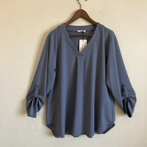 Tunic Top Womens Plus XXL Blue Pullover Shirt Flowy Light V Neck Roll Tab - Picture 1 of 16