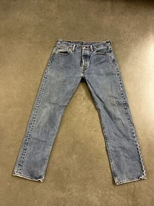 Levis 501 Button Fly Distressed Worn Blue Jeans 33 x 30 Classic Straight - Picture 1 of 13