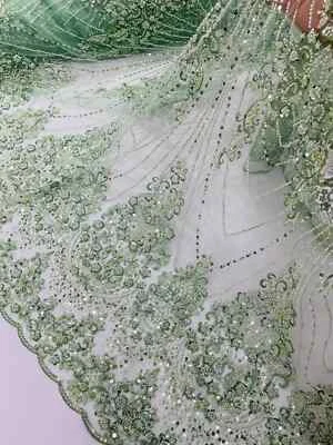 Sage Beaded Fabric By The Yard, Luxury Geometric Design Beads and Sequins - Image 1 of 4