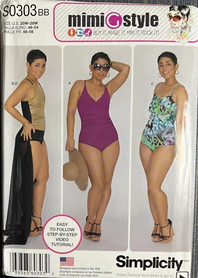 Simplicity S0303 Sewing Pattern Misses Bathing Suit & Wrap 20W,22W,24W,26W,28W - Image 1 of 3