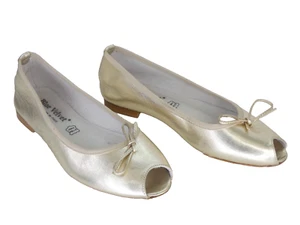 Gold Metallic Flats Schuhe Leder Peeptoe Schleife Ballerina Gürtel Blau Samt UK 4 - Bild 1 von 12