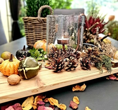 Tischdekoration Deko aus Natur Holz mit Windlicht Altholz Tablett - Bild 1 von 4