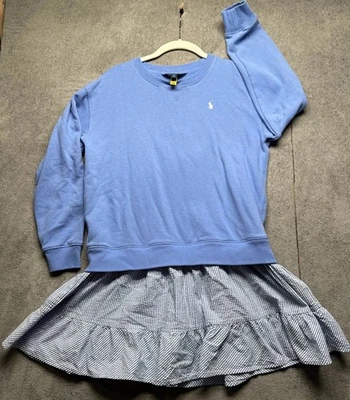 Ralph Lauren Girls Sweater Dress Blue Seersucker Hem Size XL 16 Preppy - Image 1 of 4