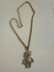 Swarovski Teddy Bear Pendant 16”NECKLACE Jointed Articulated Swan Signed - Picture 1 of 5