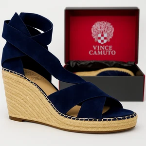 Vince Camuto Navy Suede Espadrille Wedge Sandals 8.5 Lace Up Ankle Wrap - Picture 1 of 11