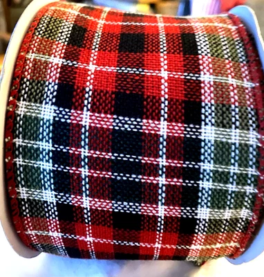 Red Christmas Traditional Plaid 3.5" by 2 yds Woven Wired Ribbon Winter Country - Image 1 of 4