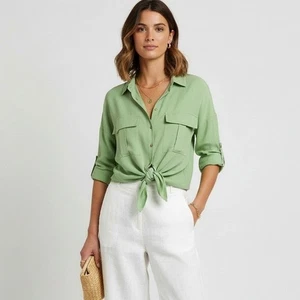 Maeve by Anthropologie grüne Bluse mit Knopfleiste und Bindesaum Langarm Large - Bild 1 von 9