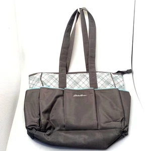 Eddie Bauer Diaper Bag Tote Plaid Gray/Teal w/ Changing Pad - Picture 1 of 17