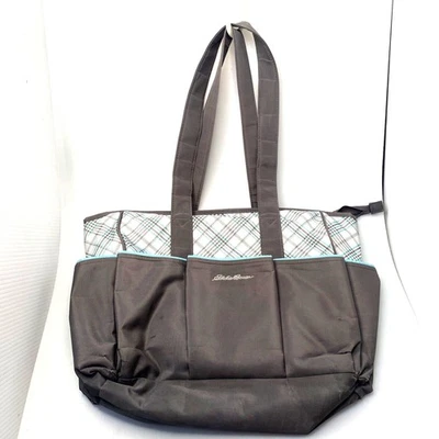 Eddie Bauer Diaper Bag Tote Plaid Gray/Teal w/ Changing Pad - Image 1 of 4