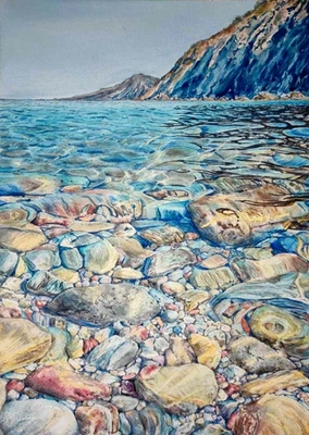 Pintura Original A3 Obras de Arte Paisaje Moderno PIEDRAS DE MAR SOL Arte Paisaje Marino Firmado Foto 1 de 4