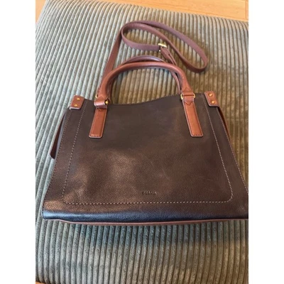 Bolso Bandolera Bolso de Mano Fossil Cuero Negro Borde Marrón Pequeño a Mediano Foto 1 de 4