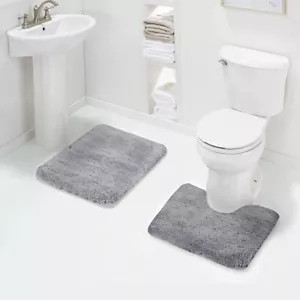 2pc 20x32 + 20x24 Contour Microfiber Soft Shaggy Bath Bathroom Rug GREY GRAY - Picture 1 of 10