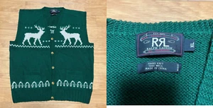 RRL Ralph Lauren Vintage Reindeer Print Vest - Green Men’s 5 buttons Size XL - Picture 1 of 5
