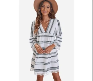 Women Gray Vintage Print V Neck Lace Stitching Loose Dress - Picture 1 of 5
