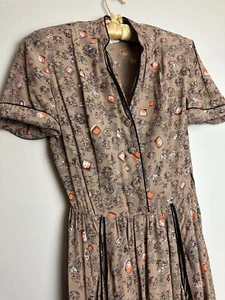 Vintage 1940s Brown Black Orange Jonathan Logan Novelty Print Day Dress - Picture 1 of 7