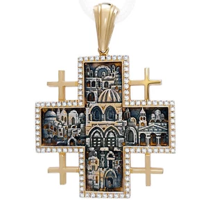 14K Gold Jerusalem Cross Pendant with Black Rhodium plated & Diamonds Gift - Picture 1 of 4