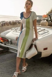 Bohme Women's Myla Bodycon Dress in Colorblocked Blue and Green Ribbed, Large - Picture 1 of 10