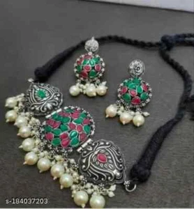 Gargantilla Kundan india Bollywood chapada en oro collar nupcial pendientes conjunto de joyería - Imagen 1 de 10