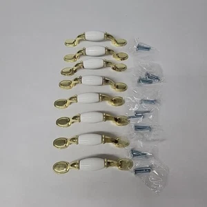 8 White Porcelain & Gold en Metal 5⅛" Drawer Pulls 3" on Center w/ New Screws - Picture 1 of 18