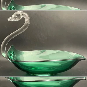 Duncan Miller Green Art Glass Swan Candy Trinket Dish Made in USA 11" x 6" x 8" - Picture 1 of 13