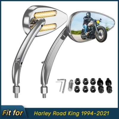 Espejos retrovisores cromados con luces LED intermitentes para Harley Road King 1994-2021 Foto 1 de 4