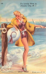 Tarjeta postal de lino Pin Up Girl Its Lovely Here in Atlantic City 182 Linger A while - Imagen 1 de 2