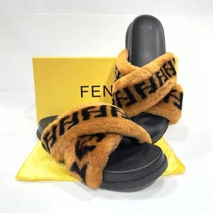 FENDI ROMA SHEARLING FUR FF LOGO SLIDES SANDALS 41 W/ BOX & DUST BAG US 10 10.5 - Picture 1 of 11