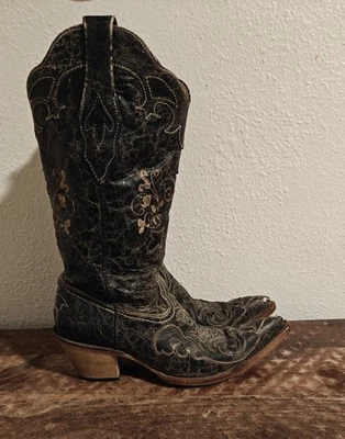 Botas vaqueras occidentales de cuero negro con incrustaciones de lagarto CORRAL VINTAGE para mujer 7,5 Foto 1 de 4