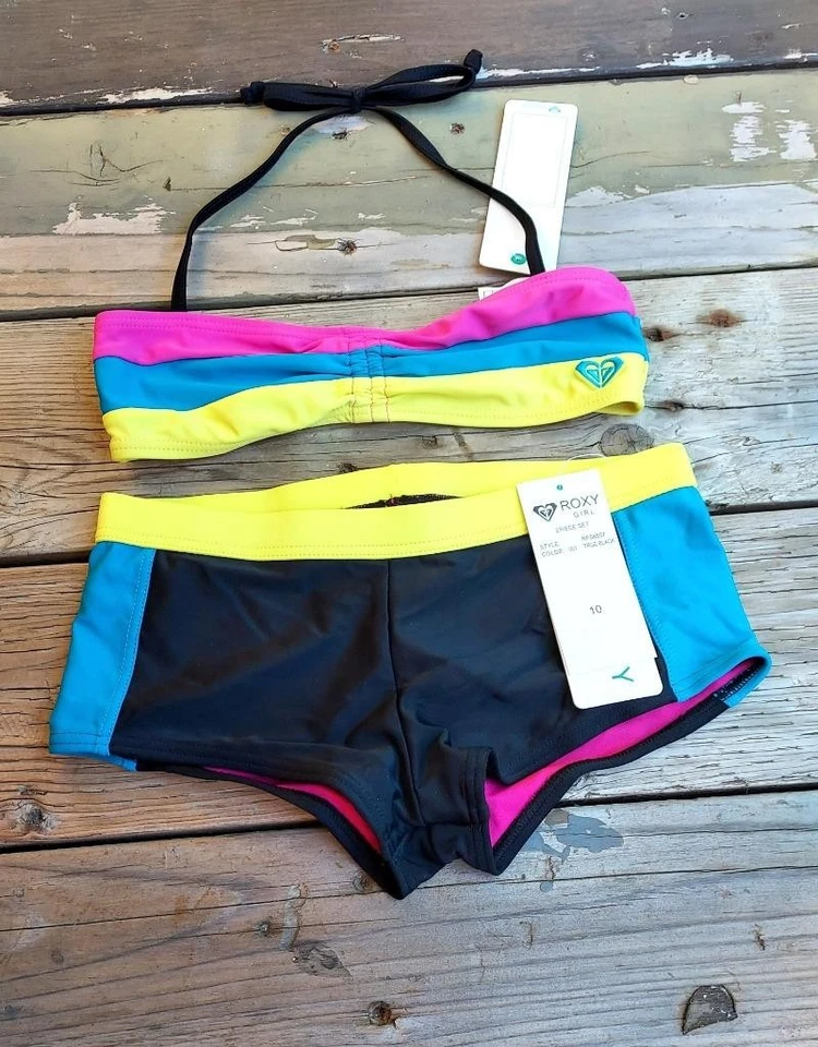 Traje de baño Roxy para jóvenes niñas niños talla 10 de dos piezas color negro rosa a rayas aguamarinas Foto 1 de 4