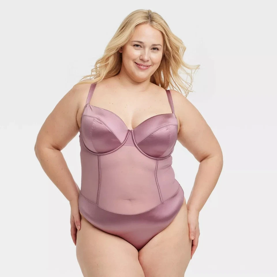 Auden Women's Satin and Mesh Lightly Lined Lingerie Bodysuit Mauve Size XXL - Image 1 of 4
