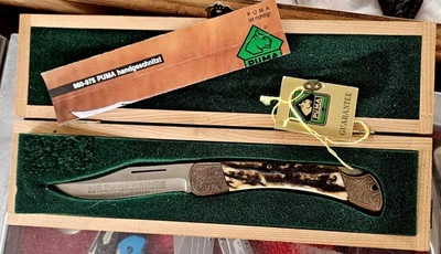 Super Rare Mint 1976 Scrimshaw 910 Puma  Prince Folding Hunter in Wooden Box - Image 1 of 4