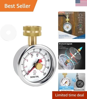 Stainless Steel Water Pressure Gauge with Max Pointer - Reliable 0-100 PSI - Image 1 of 4