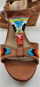Woman's southwestern beaded t-bar cork wedge sandals with buckles size 7.5 - Picture 1 of 11