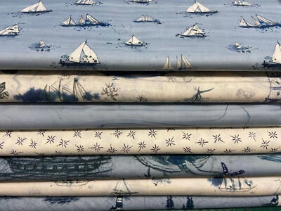 Janet Clare for Moda Longshore Cotton Fabric by 1/4 Metre* Boats Lighthouses Sea - Image 1 of 4