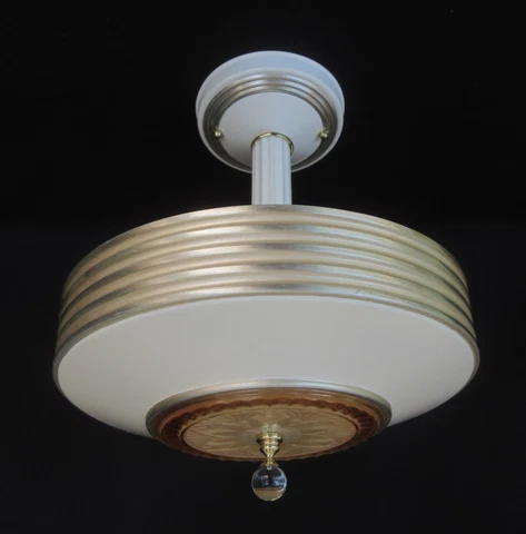 Restored/Rewired Aluminum/Glass Art Deco Semi Flush Ceiling Light Fixture  FX322 Cover