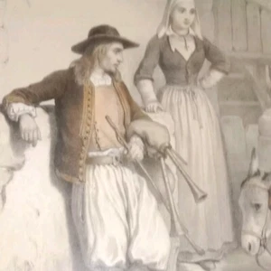 Bretagne Sonneur Biniou L'arrivée au Moulin Lithographie 19e F. Grenier Cadre - Picture 1 of 18
