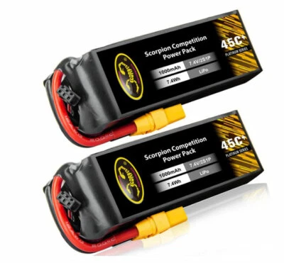 2 pk 1000mAh 45C 2S 7.4V LiPo Batería XT60 Enchufe para RC Coche Helicóptero Barco Drone Foto 1 de 4