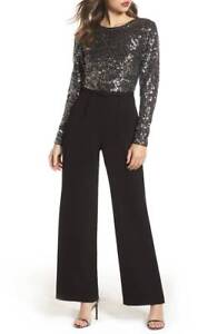 VINCE CAMUTO Black Silver Gold Sequin Stretch Crepe Belted Pants Jumpsuit 10 L
