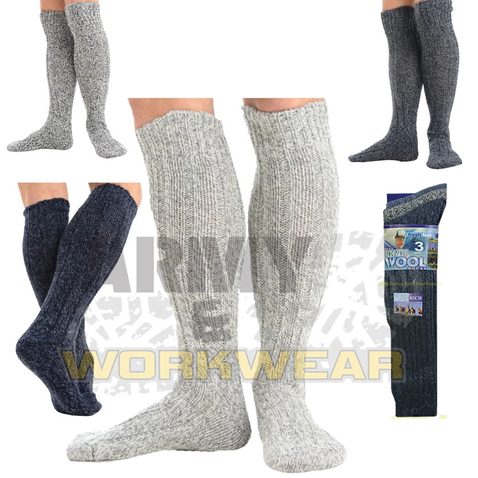 FRESH FEEL Long Wool Chunky Thick Rib Thermal Knitted Boot Socks Mens Hiking Walking Ski