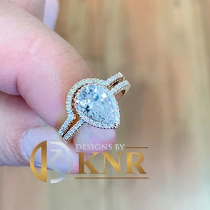 14k Rose Gold Pear Moissanite And Natural Diamonds Engagement Ring Halo 1.85ctw - Picture 1 of 10