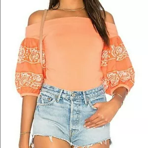 Free People Rock With It S schulterfrei orange besticktes Oberteil Puffärmel Boho - Bild 1 von 4