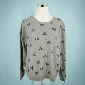 Talbots Gr. XL grau grau schwarz Blumen bestickt Print Rundhals Baumwolle Pullover - Bild 1 von 6
