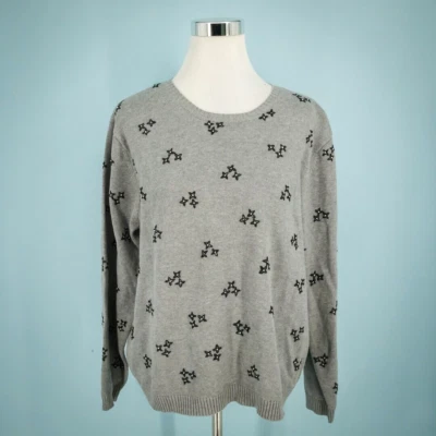 Suéter Talbots Talla XL Gris Negro Estampado Floral Bordado Algodón Crew Foto 1 de 4