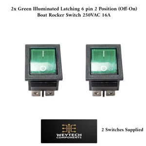 2x Green Latching 6 Pin 2 Position (Off-On) Rocker Switch 250VAC 16A - Picture 1 of 4