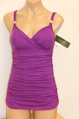 Nuevo con etiquetas Traje de baño Ralph Lauren 1 pieza Vestido fruncido adjunto púrpura Foto 1 de 4