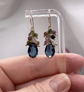 London Blue Topaz Earrings Handmade Dangle SIMULATED Briolette - 14K Gold Filled - Picture 1 of 8