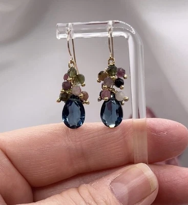 London Blue Topaz Earrings Handmade Dangle SIMULATED Briolette - 14K Gold Filled - Image 1 of 4