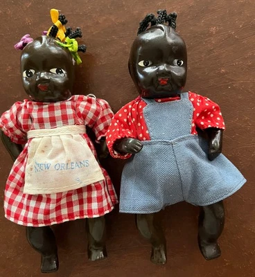 Pair of Vintage Black African American All Bisque Boy Girl Baby Dolls 6" NOLA - Image 1 of 4