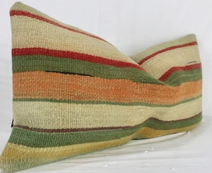 Copricuscino Lombare Decorativo Turco Kilim 12x24 Beige Verde Arancione Cuscino - Foto 1 di 9