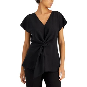 Tahari ASL Womens Black Twist Front V Neck Shirt Blouse Top M BHFO 4302 - Picture 1 of 2
